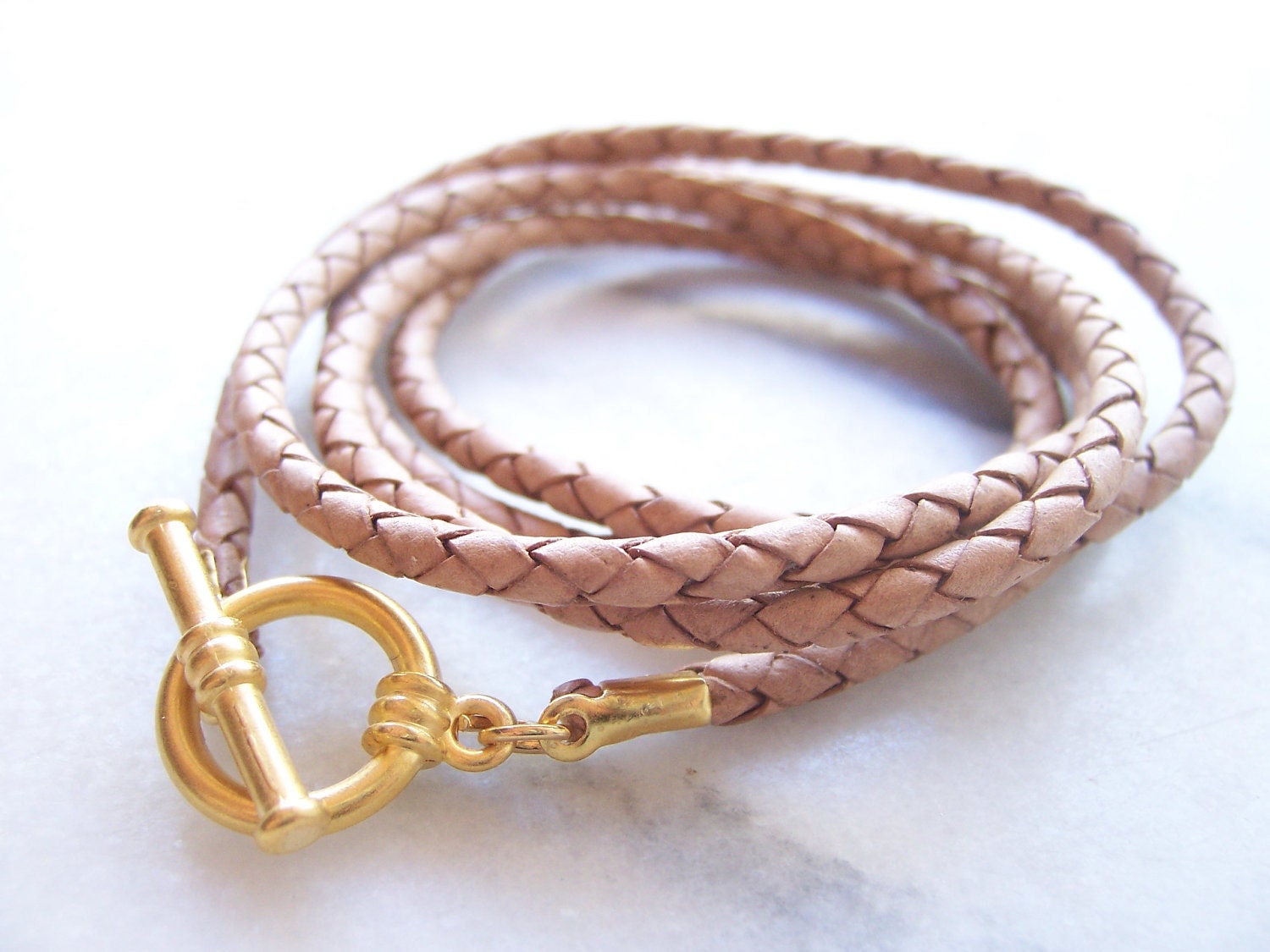 Natural Nude Braided Leather Cord Bracelet with Matte Gold Toggle Clasp