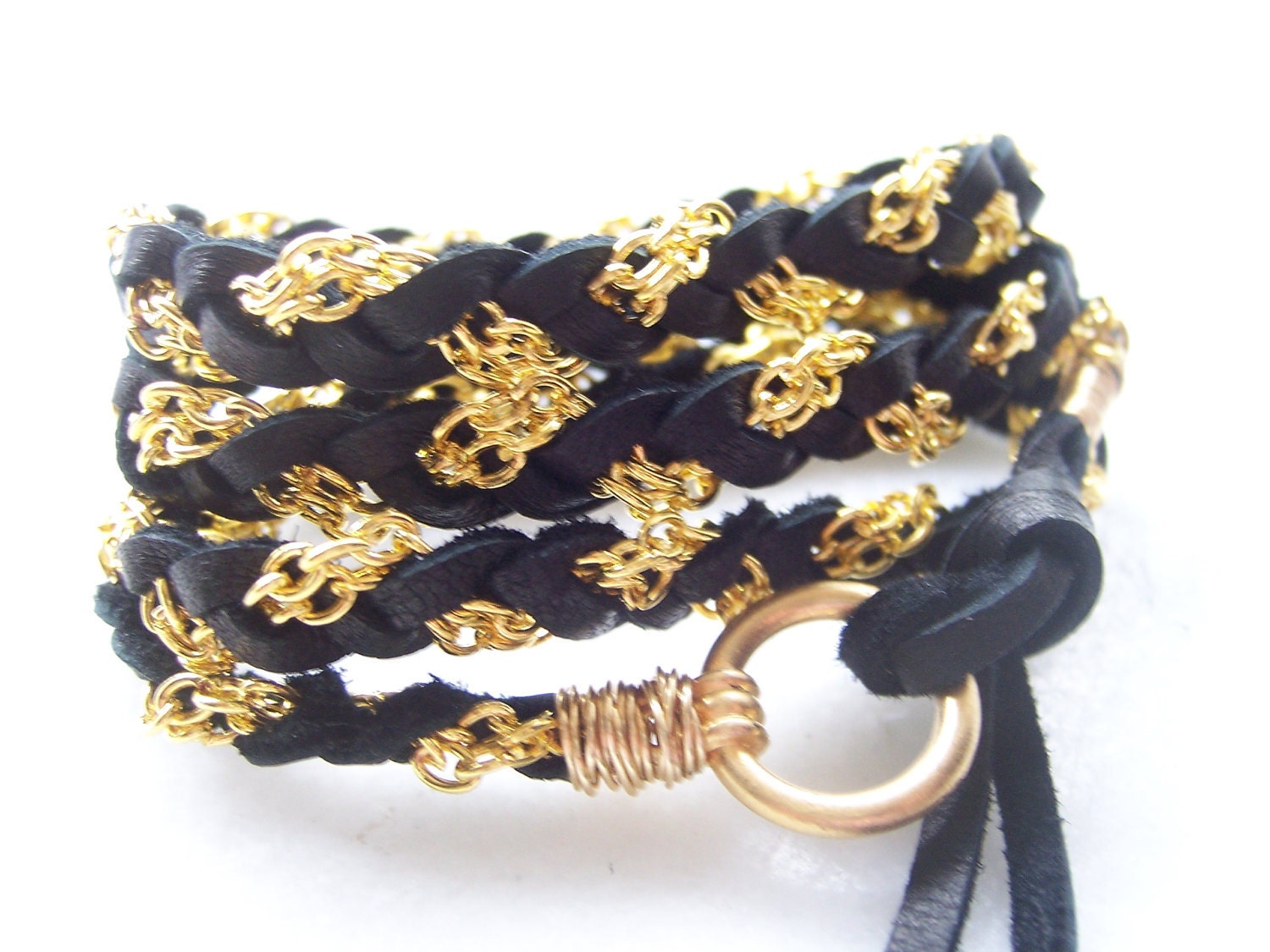 Black DEERSKIN Leather Wrap Bracelet, Reversible, Leather and Gold Chain,  Suede Leather Wrap, Headband, Friends Bracelet, Braided Leather