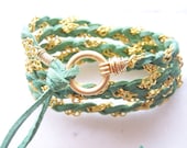 Leaf Green, Soft Suede Leather Wrap Bracelet, Gold Chain, Gold Wire Wrap, Cuff, Anklet, Necklace Fits all wrist sizes, Bridemaids Gift