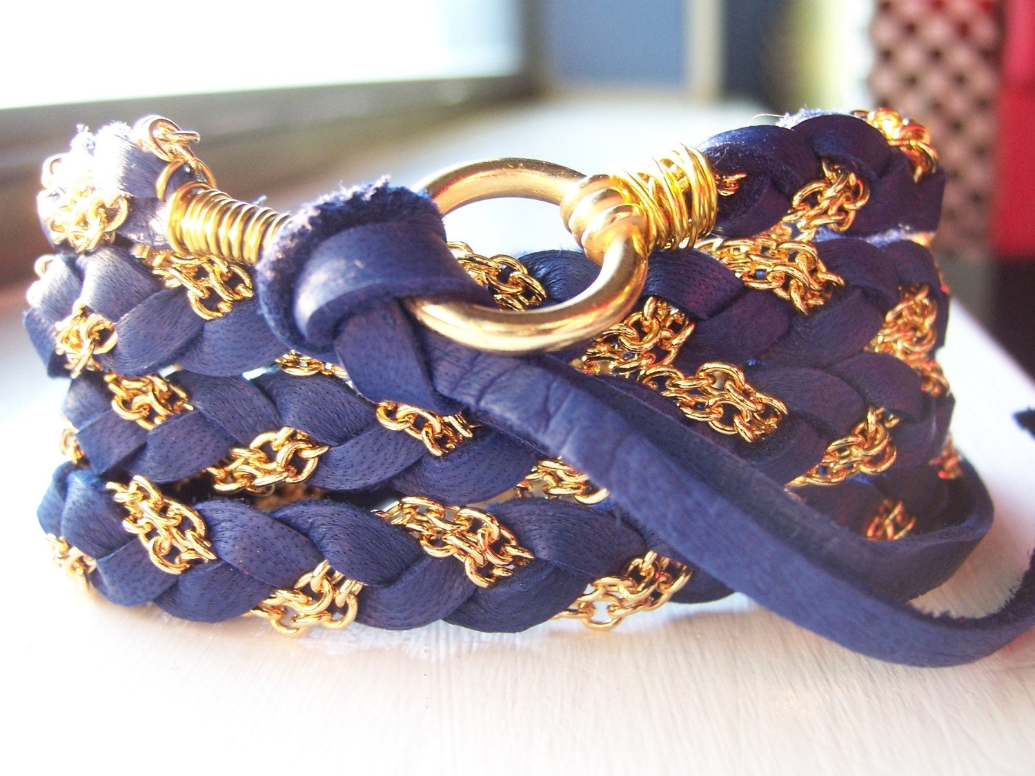 Rich Deep Sapphire, Colbot Blue Deerskin on one side Suede on the other Leather Wrap Bracelet, Light Navy Blue, Gold Chain, Cuff, Anklet, Fits all wrist sizes, Braided, Wire Wrapped, Original