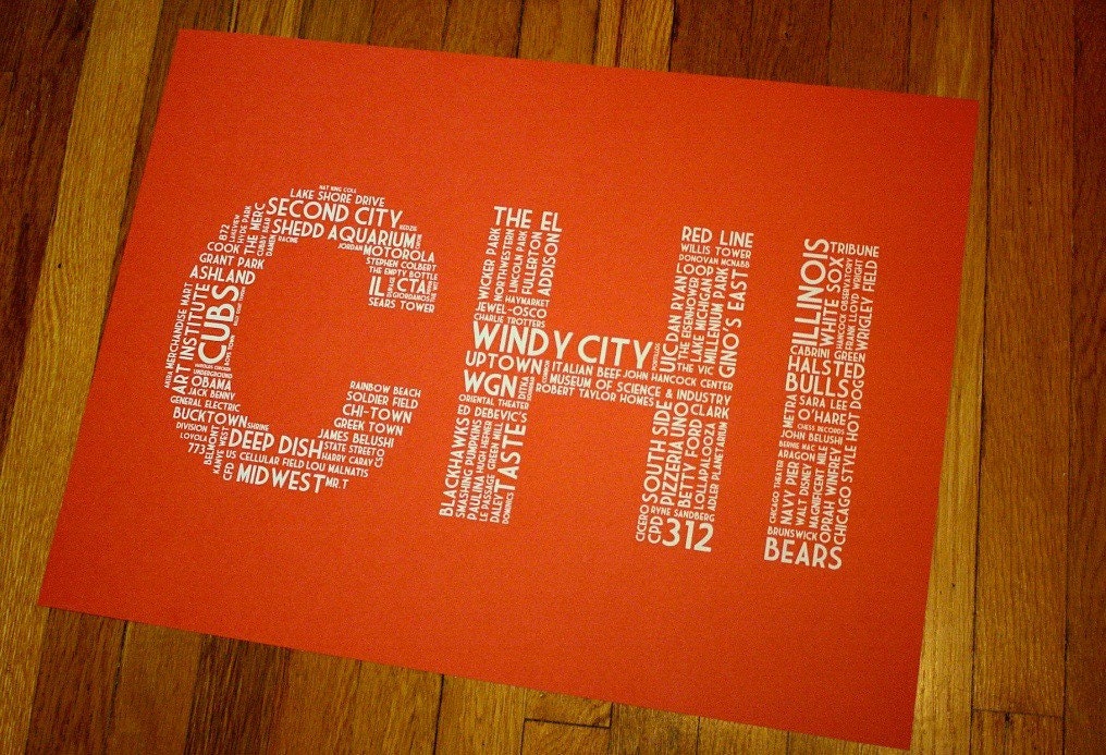 CHI (24 x 18 Hand-screened Chicago Word Cloud Poster Print in Tangy Orange)