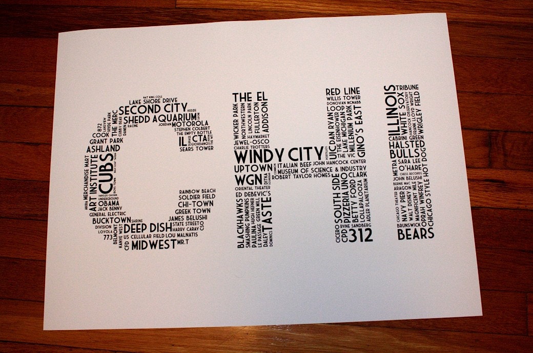 CHI (24 x 18 Hand-screened Chicago Word Cloud Poster Print in Black and White)