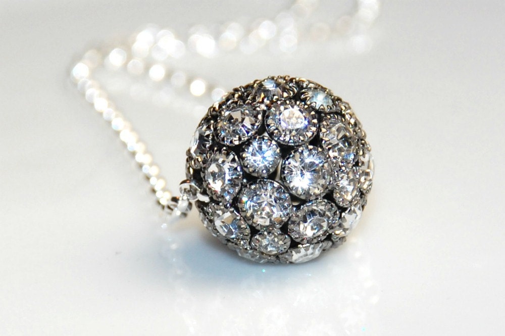 Black Rhinestone Ball Necklace -Sterling Silver -18 inches long
