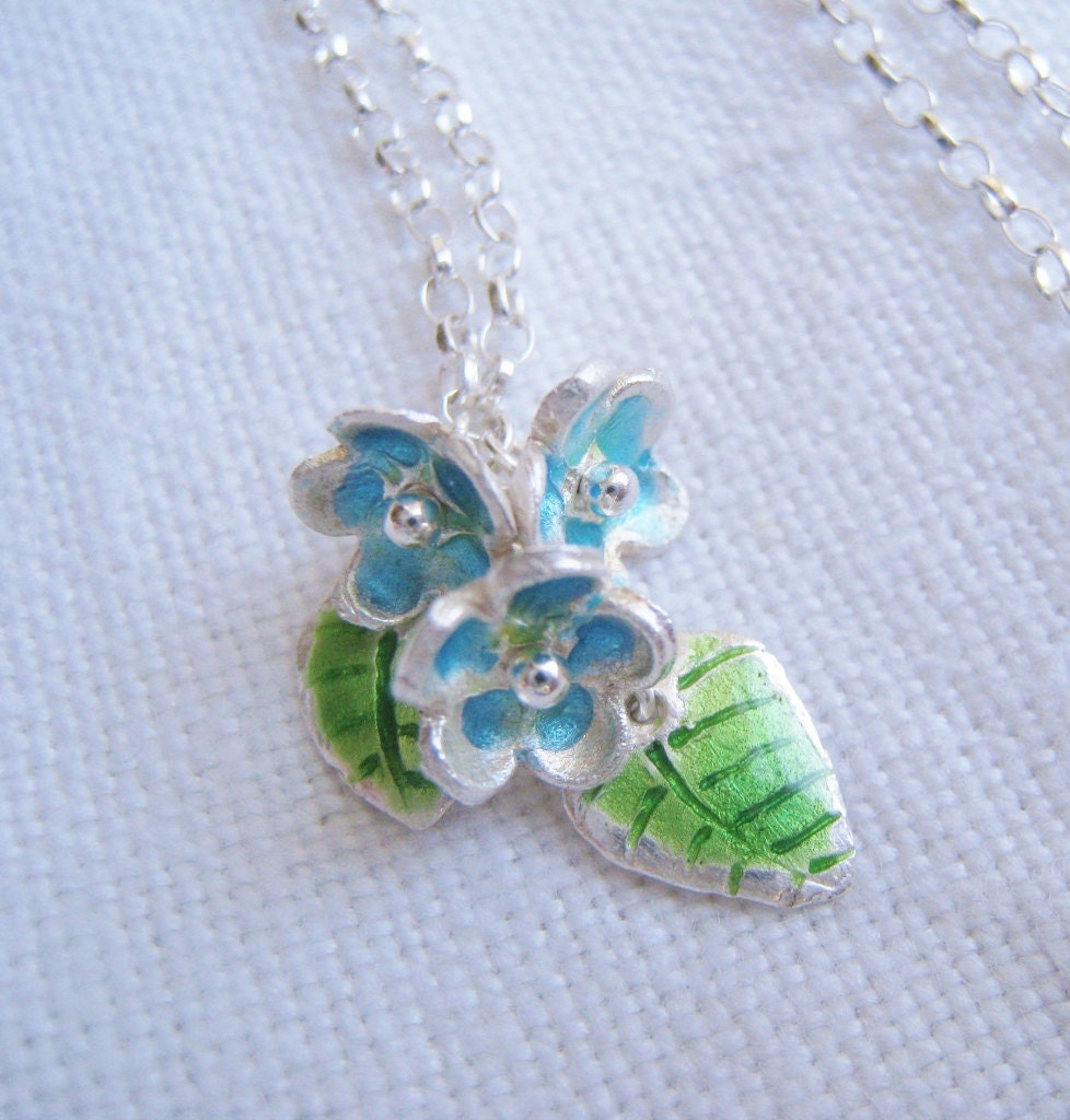 Fine silver and enamel forget me not necklace