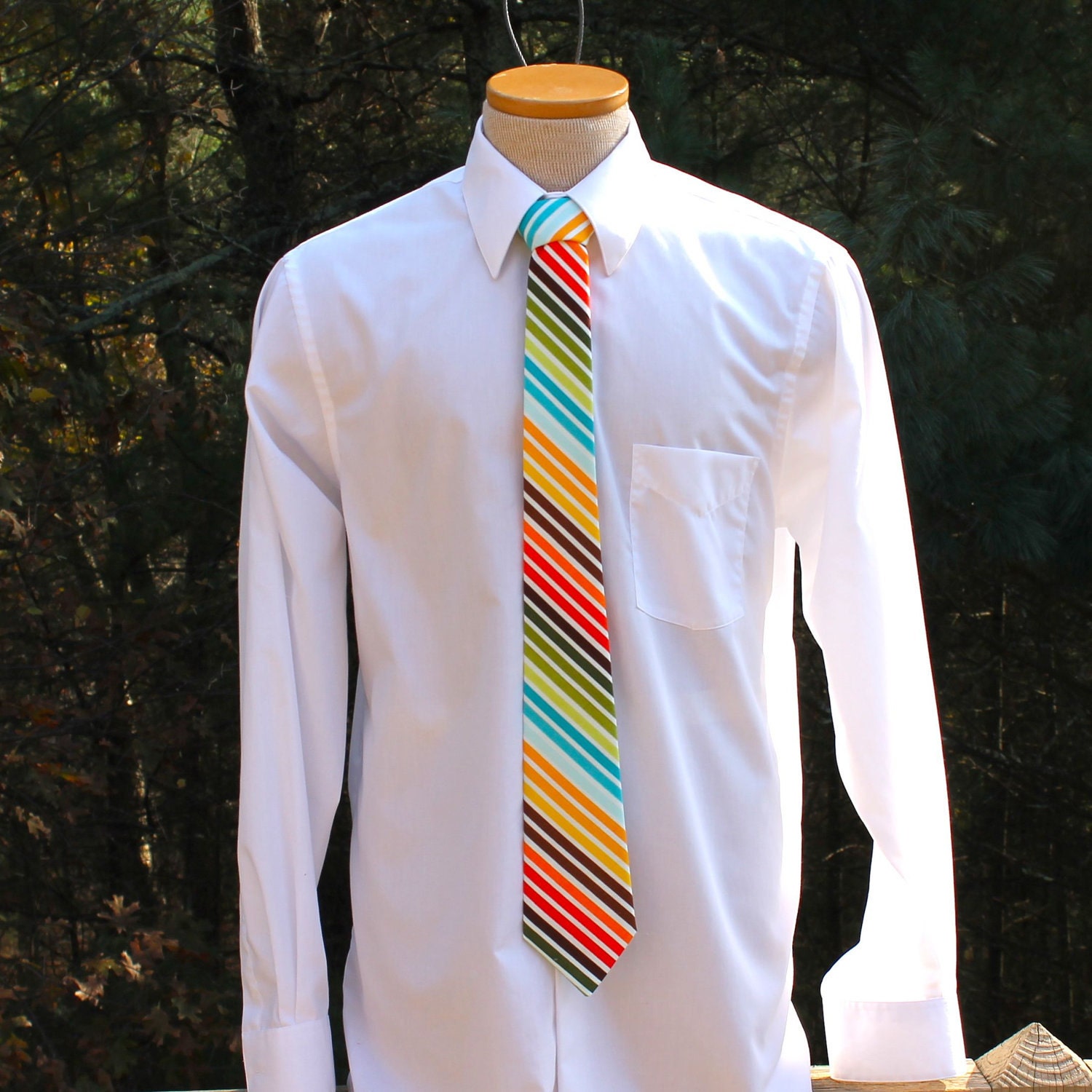 Men's Tie - Multicolor Stripe - Brown, Red, Orange, Blue, Green, Yellow, and White