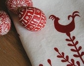Tea Towel- Organic Linen - Rooster Design-  Hand Screen Printed Dish Towel