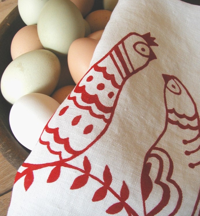 Linen Tea Towel- Scandinavian Folk Birds - Hand Screen Printed Dish Towel- Organic