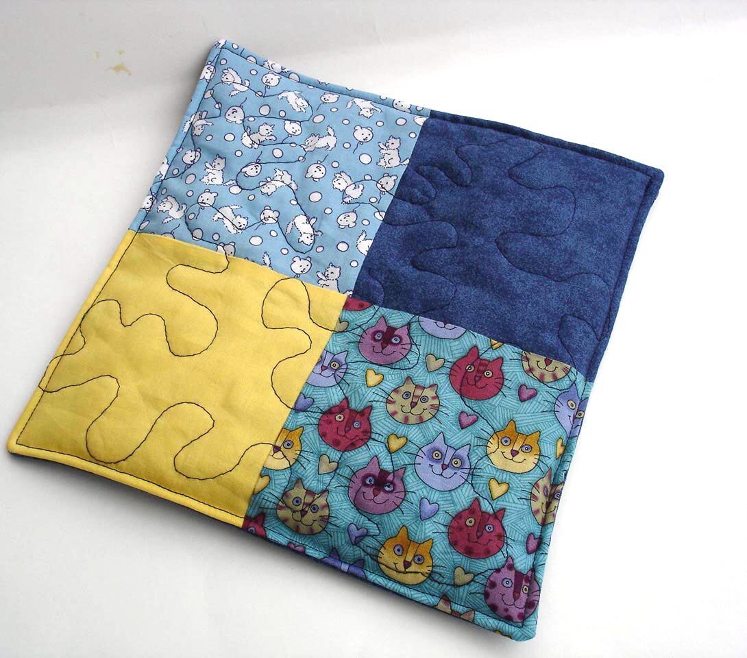 Catnip quilted blanket, cat nap pillow quilt, catnip mat blue and yellow