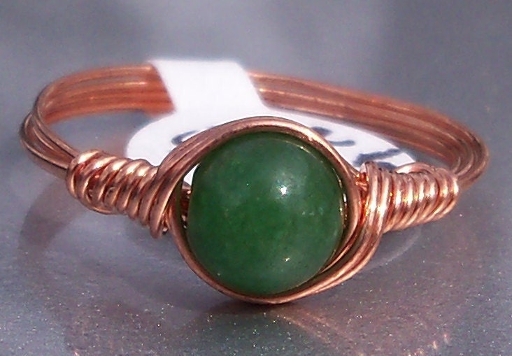 Green Jade Copper Wire Wrapped Ring Custom Sized