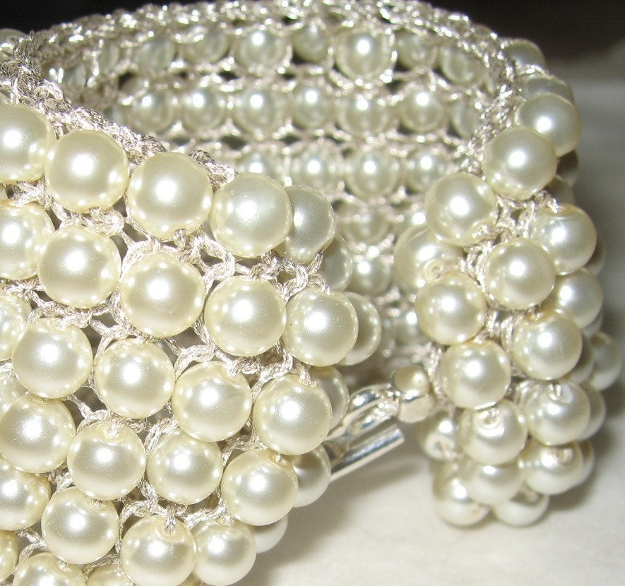 Ivory Pearl  Statement Cuff Bracelet, Extra Wide 2" Hand Knit Fiber Art, Unique  Artisan Style, Custom Made, Sereba Designs