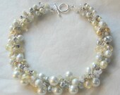 Striking Bridal Bridesmaid Wedding Jewelry - Pearl Crystal Statement  Necklace - Pale YELLOW SILK - Ivory,White, Silver Gray, Smokey Quartz