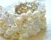 Beach Wedding Chunky Statement  Pearl Crystal  Cuff Bracelet - White, Ivory, Freshwater, Hand Knit Unique Original by Sereba Designs on Etsy