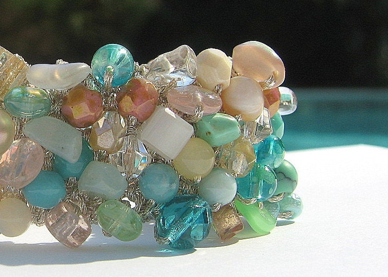 Destination Beach Wedding, Bridal, Bridesmaids, TROPICAL ISLANDS Sea Foam, 1" Wide Cuff Bracelet, Crystal, Semi Precious, Hand Knit