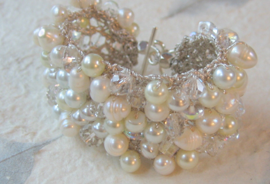 Freshwater Pearl Crystal  Wide Soft Hand Knit Bridal Wedding Bead Cuff Bracelet, White, Ivory Unique Original Exclusive, Sereba Designs