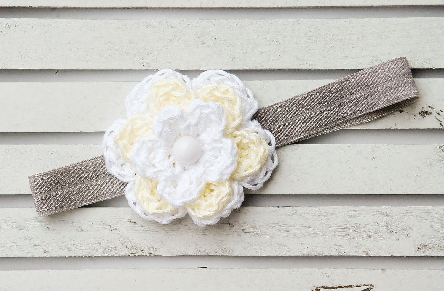 Crochet Baby Headband with Flower in White and Butter Cream on Grey Headband