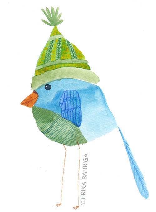 Green Hat Watercolor Bird Print