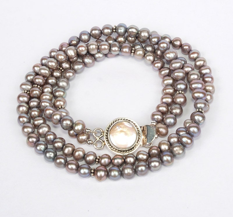 Double strand silver pearl choker with Sterling bezel pearl clasp