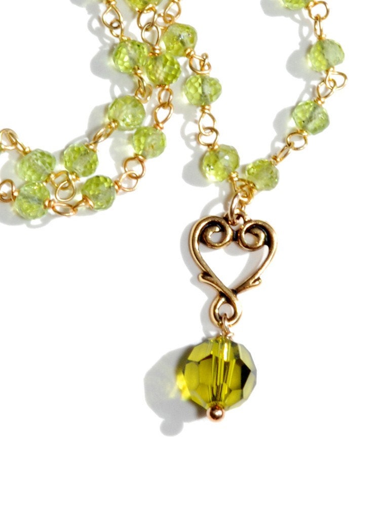 Peridot gold chain with Olivine Swarovki and gold heart pendant