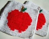 White and Red Apple Potholders, Crochet Potholders, Pot Holders, Hotpads, Hot Pads, Trivet Set of Two