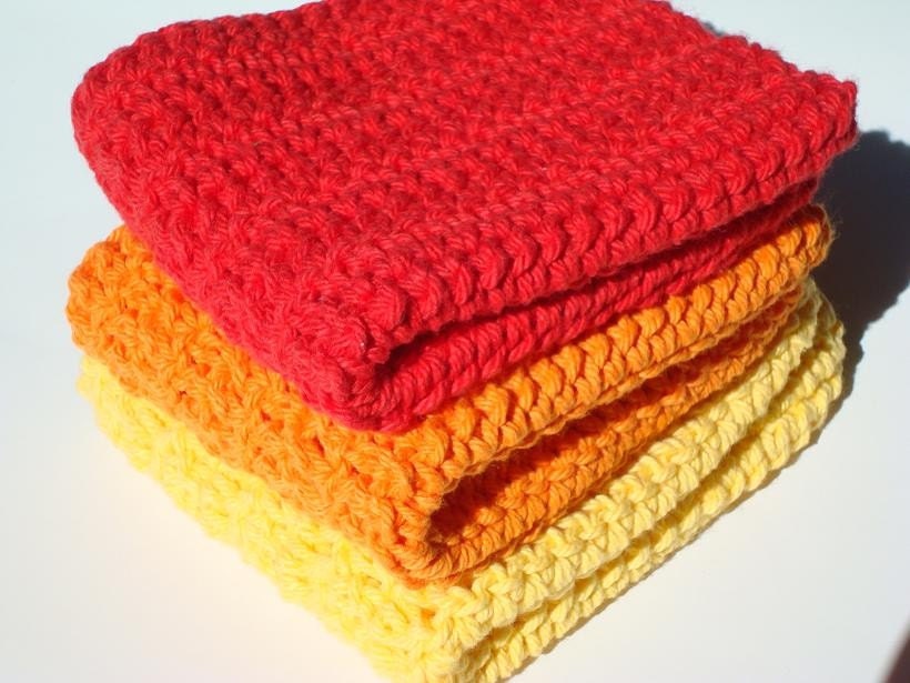 Three Cotton Dishcloths - Orange, Red, Yellow Crochet Dish Cloths from Hoooked - Ready To Ship