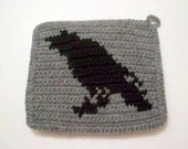 Black and Grey Raven Potholder - Black Raven Silhouette - Crochet Pot Holder, Potholder, Hotpad, Hot Pad, Trivet - Hoooked Potholder