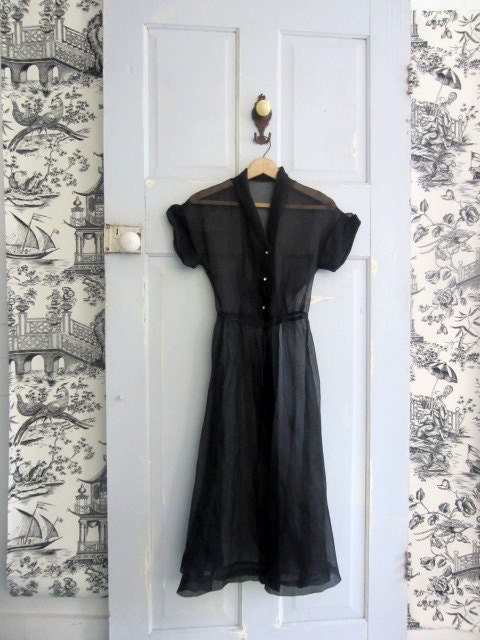 1940s Cocktail Dress, 40s Black Dress, Black Organza Sheer Dress, Rhinestone Buttons XXS