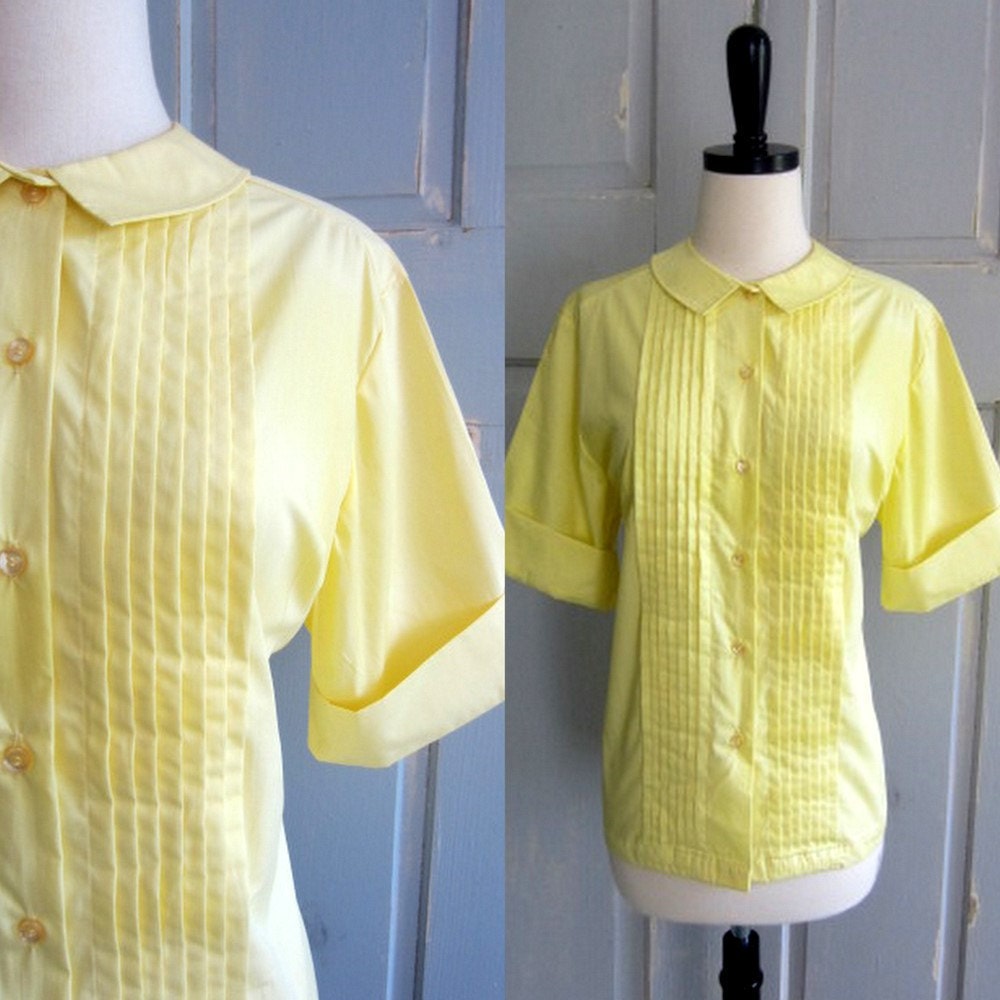 1960s Yellow Blouse, 60s Yellow Cotton Pin Tuck Blouse MED LG