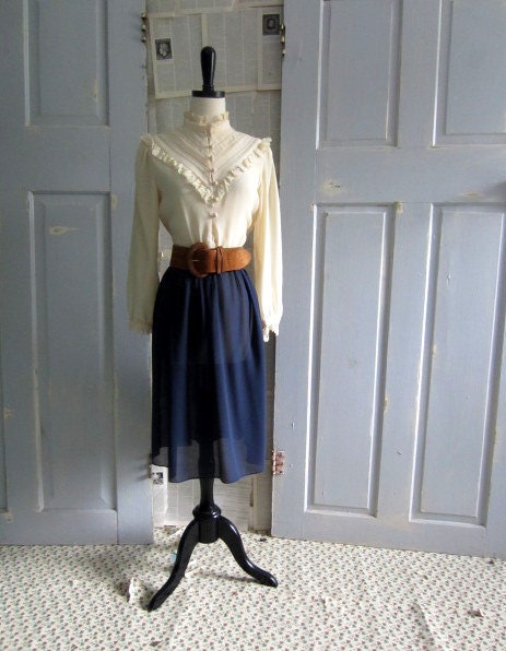 1970s Dress, 70s Victorian Style Blue and Off White Dress SM MED