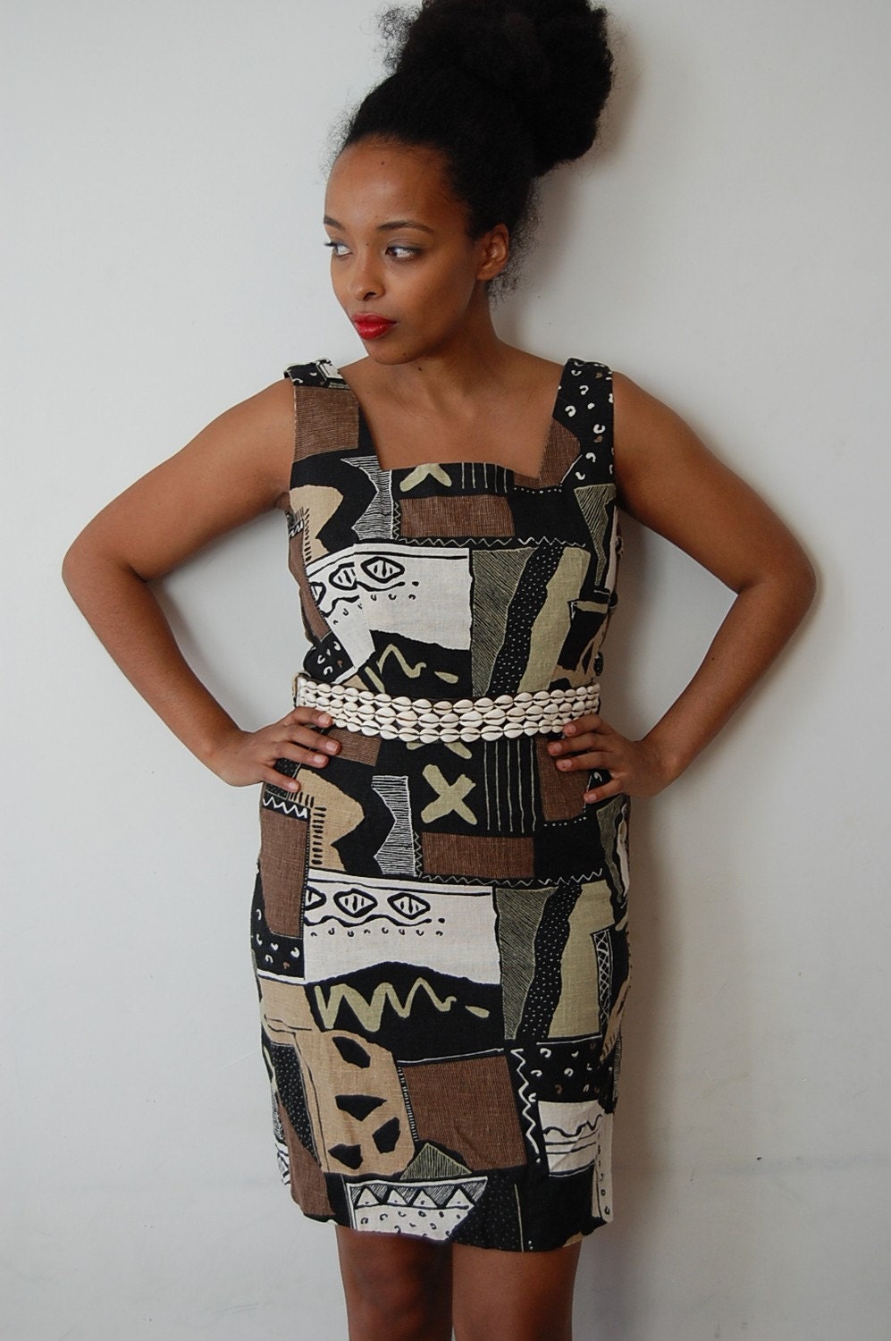 Vintage African Print Wiggle Dress with Cowrie Shell Belt (SMALL)
