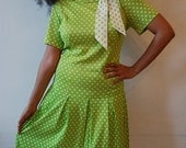 Vintage Lime Green and White Polka Dot Drop Waist Secretary Dress ILGWU (MEDIUM)
