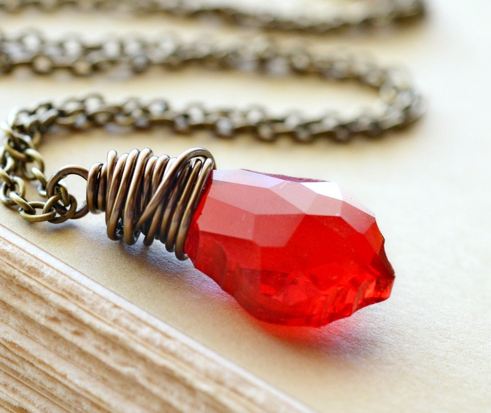 Red Crystal Necklace, Swarovski Baroque Pendant, Wire Wrapped, Antiqued Brass Jewelry - waterwaif
