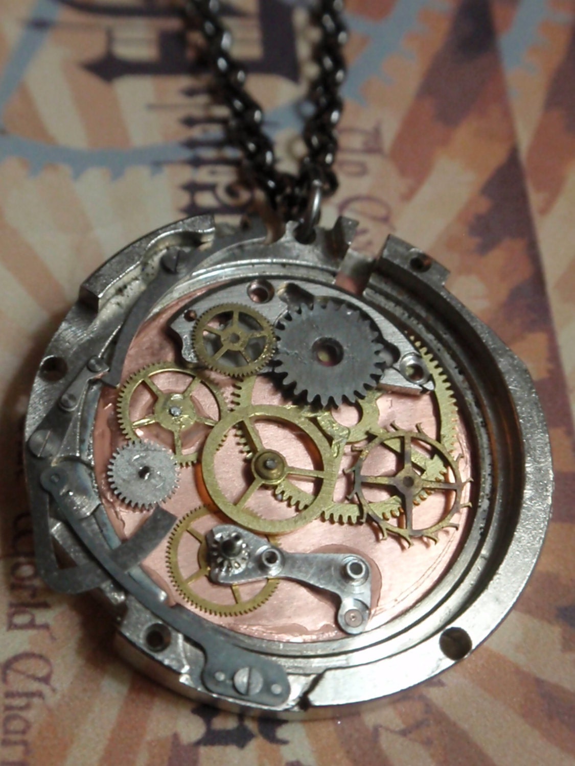 Clockwork Gear Steampunk Necklace Dual Sided nice details OOAK WPN 25