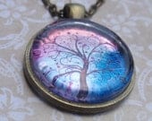 Tree Necklace Artistic Foil Art pendant on 18 inch matching antiqued brass chain