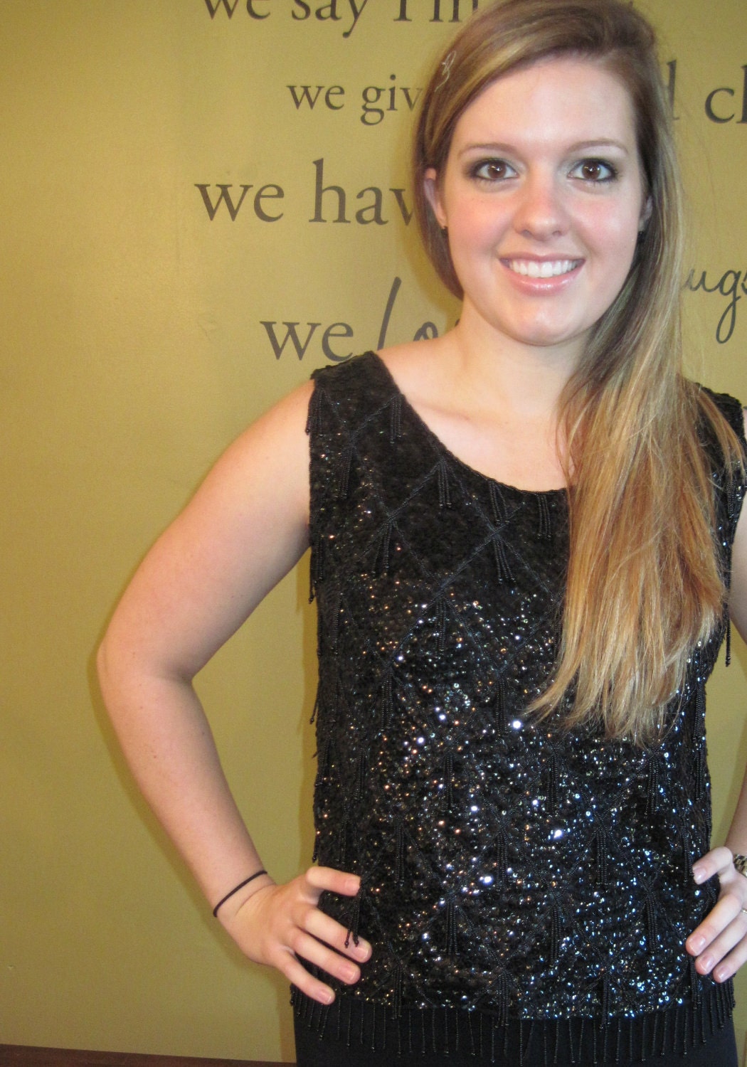 Vintage Beaded Top from 1950's Sequined Black Top with Metal Zipper