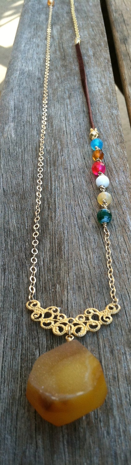 Yellow Gold Druzy With Leather and Raindow Agate Stone Necklace