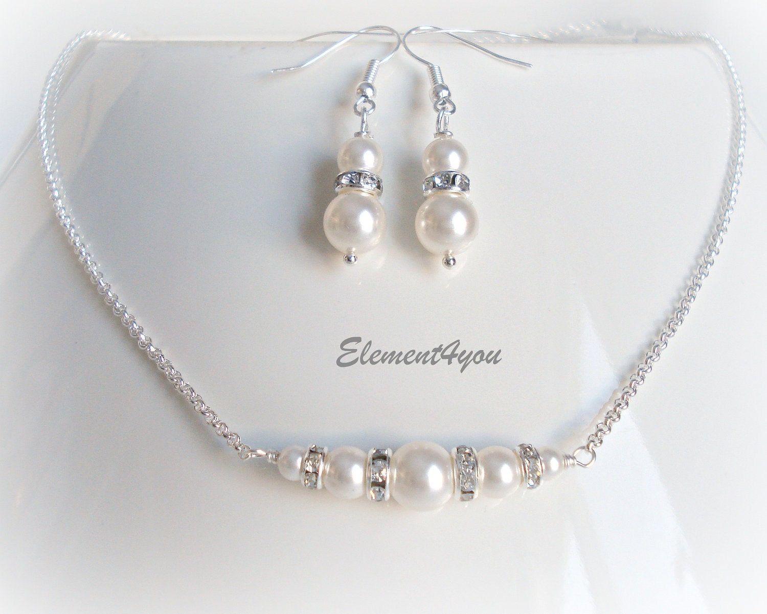 Bridesmaid Jewelry, Wedding Jewellery, Necklace Earrings set, Silver Chain, Delicate set, Swarovski pearls, Bridal Party Gift, Simple