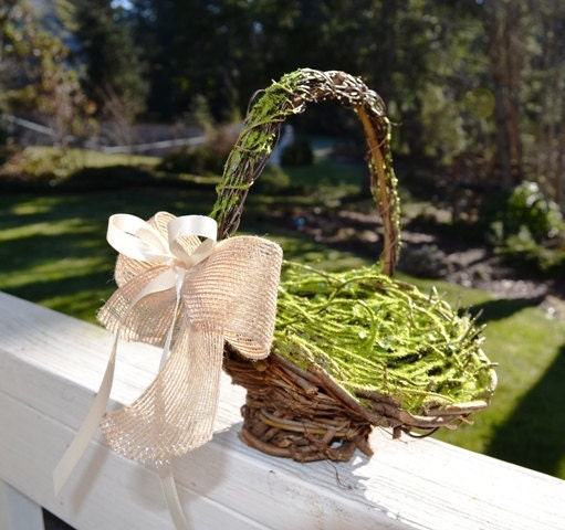 Flower Girl Basket Moss and twig basket with burlap and satin bows rustic, cottage and shabby chic wedding