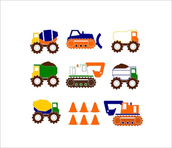 Childrens Vinyl Wall Decal- Construction Truck Set of 8 plus traffic cones Boys
