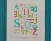 Alphabet Nursery Print with Scripture pink, yellow, turquoise, green 8x10