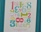 Numbers Nursery Art Print with Scripture in pinks, turquoise, greens, and yellow 8x10