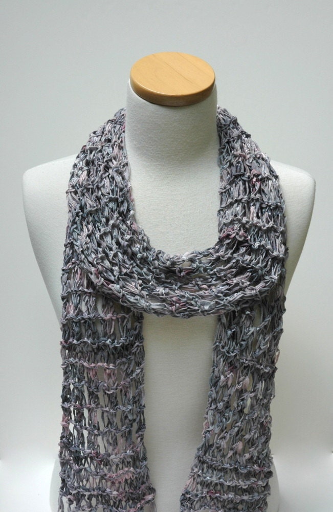 Cotton Scarf- Hand Knit/ Gray, Mauve, Rose