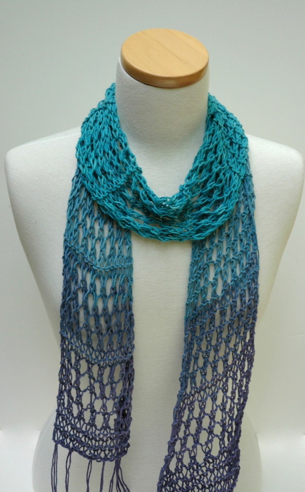 Cotton Scarf- Hand Knit-/ Lavender, Turquoise