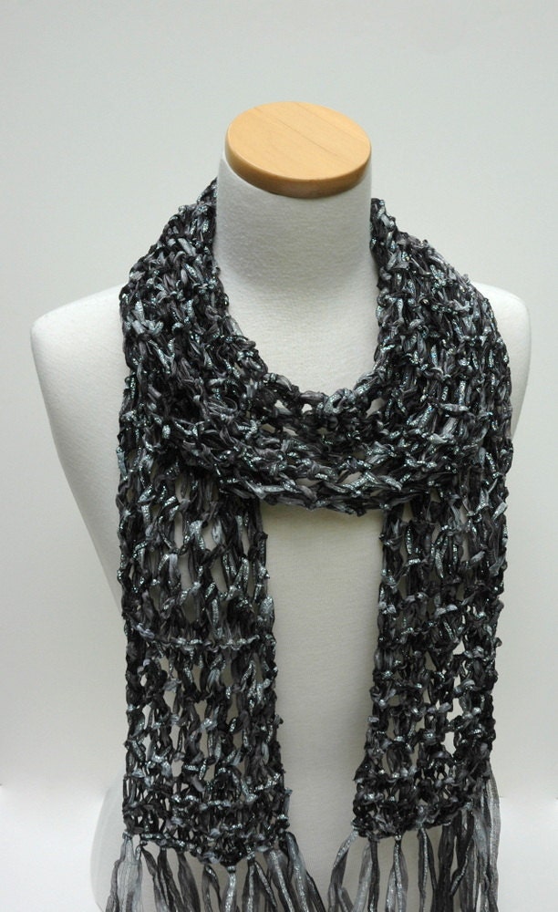 Hand Knit Scarf- Polyamide Ribbon/Silver Thread/ Black, Gray /Silver