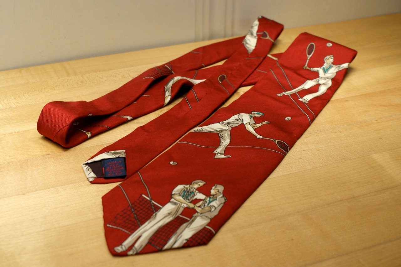 Men's Necktie with Tennis Players Red Silk Neck Tie