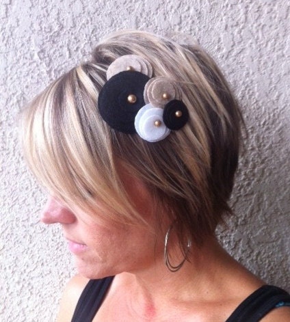 Flower Headband...felt...Five Flower Cluster Headband (black, tan, white w/gold beads)