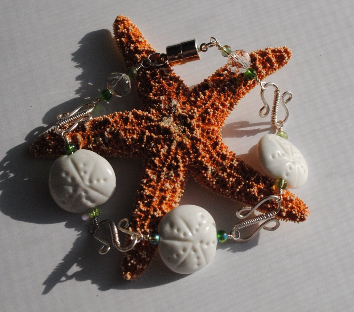 Lampwork Bracelet, Wire Wrapped Bracelet, Sand Dollar Dreams