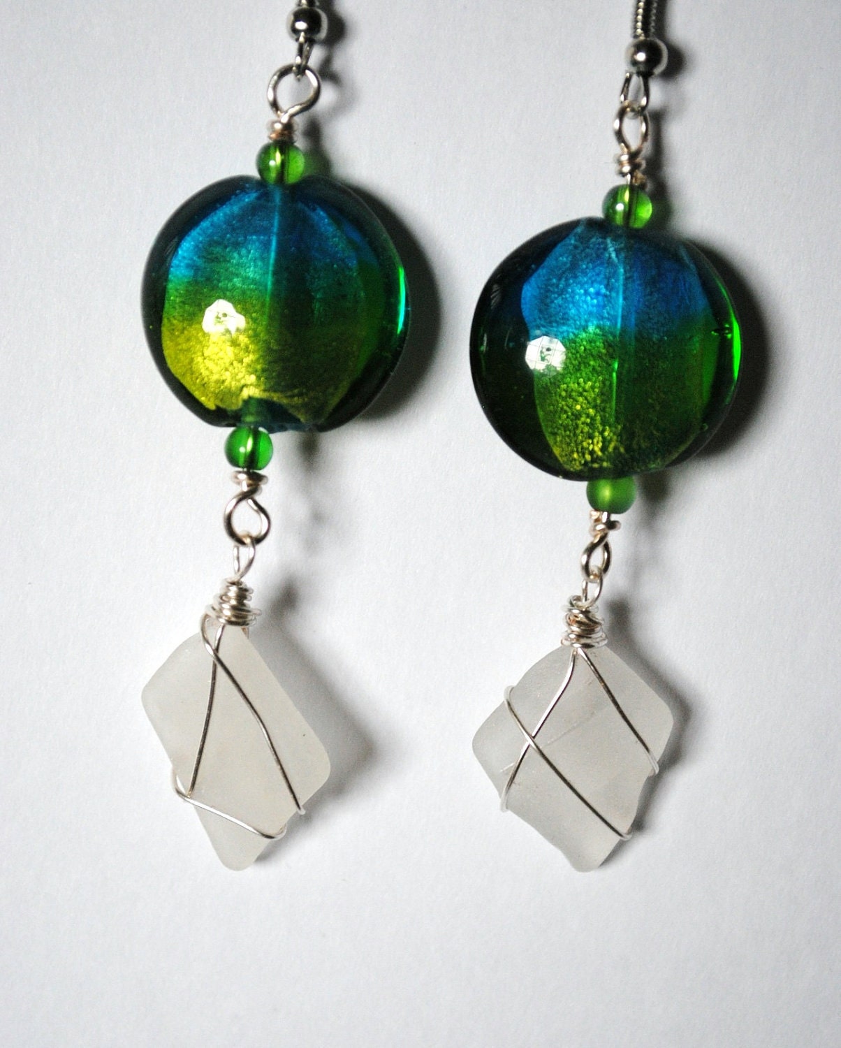 White Sea Glass Earrings, Wire Wrapped Jewelry, Ocean View