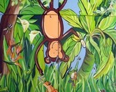 An original monkey mural painted on 4 canvases