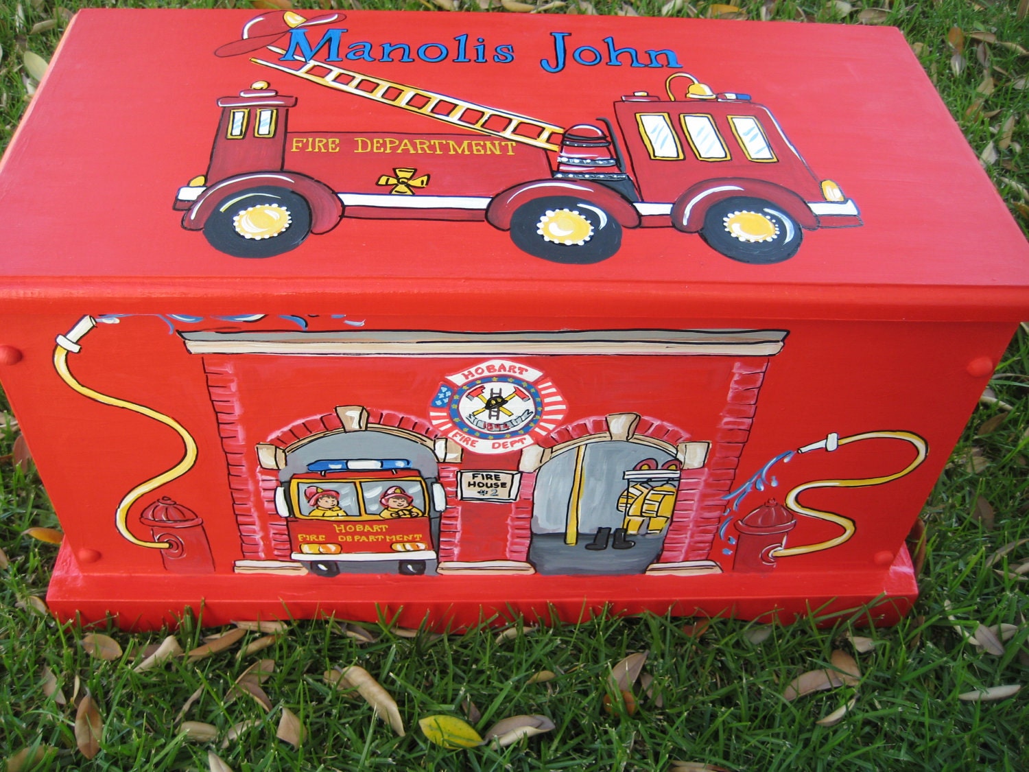 large  handpainted keepsake box ,storage box or toy box customized and personalized  with a fireman theme