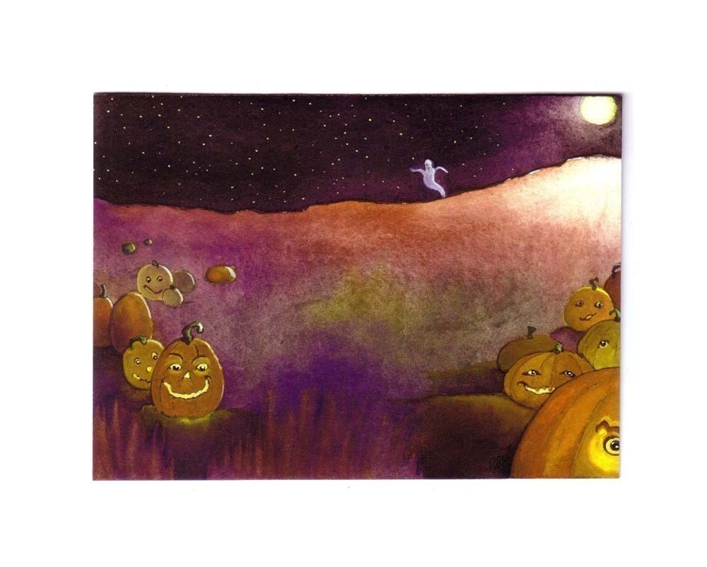 Halloween Greeting Card - Pumpkins Ghosts Autumn Landscape Halloween Art Watercolor Painting Illustration Greeting Card Print